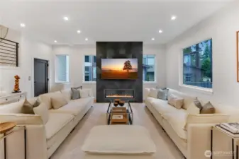 Customed architectural wood panels for fireplace surround and the kitchen island