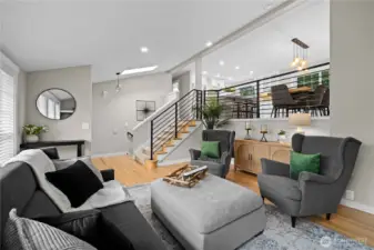 Kitchen & dining room overlook the living room.