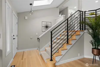 Plush staircase carpet runner added for additional traction and comfort.