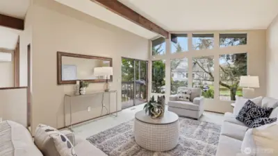 Vaulted ceilings enhance the open and airy feel of the room.