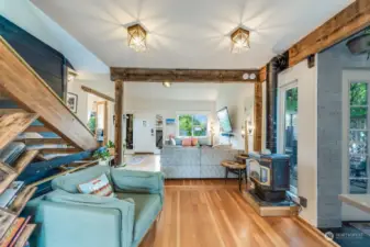 View from Dining area to Living Room, Reading Nook, Gas Stove Fireplace