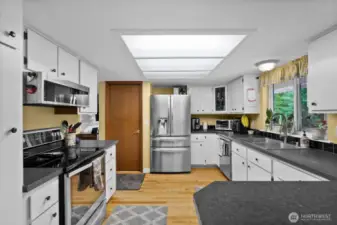 Kitchen with stainless appliances.