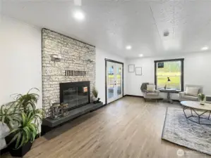 Stylish German Schmear finish updates the brick fireplace, blending rustic and modern charm.