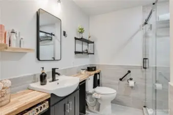 Primary bathroom with abundant counter space.