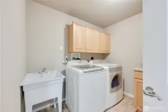 Lower level laundry room with utility sink.  Washer and dryer stay.