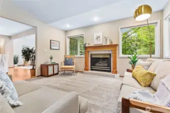 Cozy living area with gas fireplace.