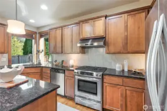 Stainless appliances including a gas cooktop with vented hood.