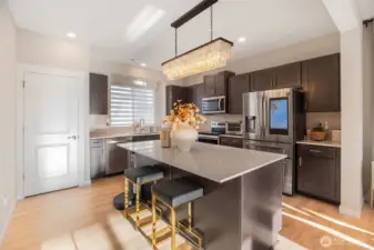 Custom blinds and light fixture.