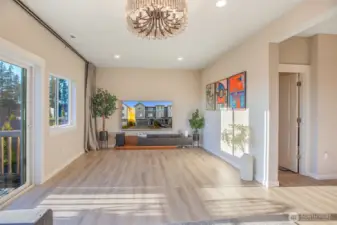 Custom window covering and sophisticated lighting.