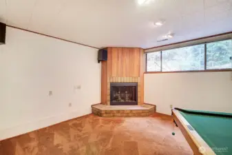 Wood fireplace in rec room.