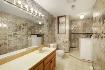Half bath off rec room with laundry.
