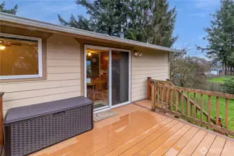 Deck off dining area overlooking the fully fenced backyard.