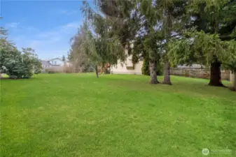 Expansive fully fenced backyard w/ mature trees & open lawn.