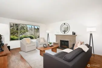Light-filled living room, complete with the fireplace and hardwood flooring.