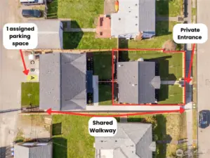 Aerial view highlighting full property layout and shared access