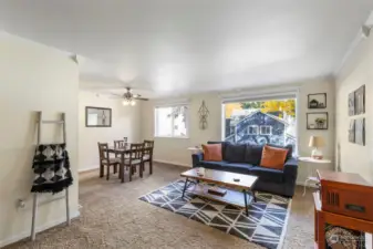 Large living room and dinning room with lots of natural light.