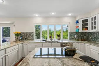 Stunning kitchen with amazing mountain views. Natural stone countertop and induction stove.