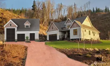 Rendering of 3-bay garage with RV storage and upstairs ADU for future expansion