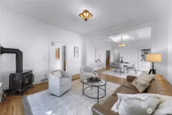 Open feel between entry, living and dining room.