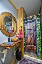 Hall bathroom with really cool features like a coconut sink!