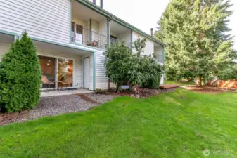 Very private ground patio and upper-level balcony.