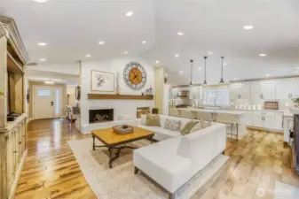 View from patio area to entrance.  The brick fireplace goes to ceiling.