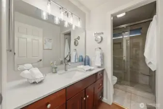 Principal bathroom with quartz-style vanity countertop, modern lighting, and tiled walk-in shower.