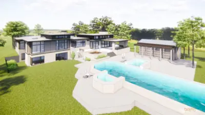 Single story backyard with pool and cabana
