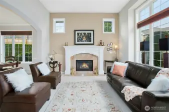 Main level living room features one of two fireplaces.