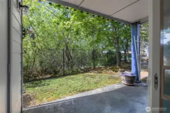 Patio with view of back greenbelt with pond that is full of small animal life!