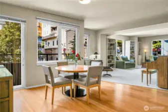 The dining room is adjacent to both the living room and a wonderful deck. The door is to the left in this picture.