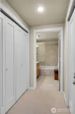 Their are clesets on both sides of the hallway for clothes and storage.