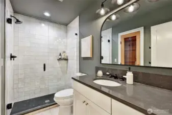 3/4 bath on lower level includes a beautiful sauna.