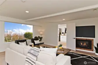 A fireplace in the family room invites relaxation.