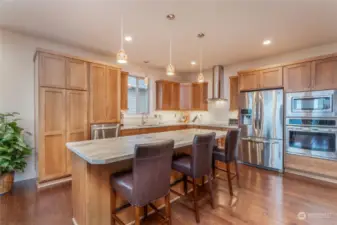 Stainless appliances, induction cooktop, soft close cabinetry, island eating area