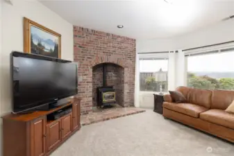 Family room with gas freestanding stove