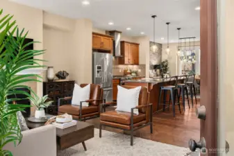 Looking towards the living room and kitchen spaces from the patio door.