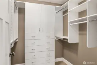 Lots and lots of built-in storage in the accessible walk-in closet off the primary bedroom on the upper level.