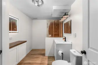 Renovated bathroom on lower level. Shower to be completed shortly