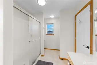 Stand up shower has reeded glass doors for privacy.