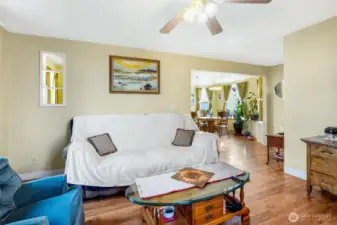 Living room facing dining area.