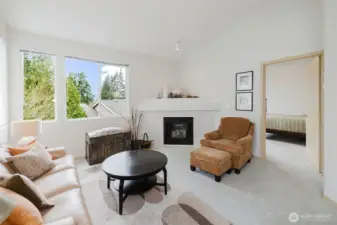Even on a dreary day your living room is bright and cozy with a gas fireplace.