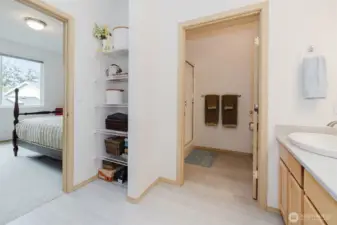 Updated, spacious bathroom with dual vanity.