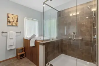 Primary bathroom includes walk-in shower and Japanese soaking tub.