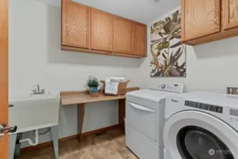 Big laundry room with tub, storage cabinets and fold down counter.