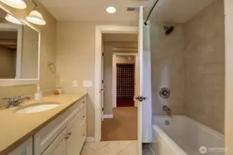 Lower level bath with the wine cellar beyond.