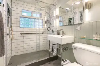 Newly remodeled bathroom with oversized walk-in shower with many designer touches!