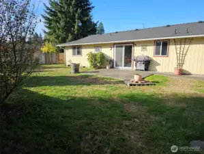 Large fenced backyard and patio.