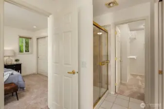 Note the abundant closet storage with one closet within the bedroom and a second walk-in closet through the bath