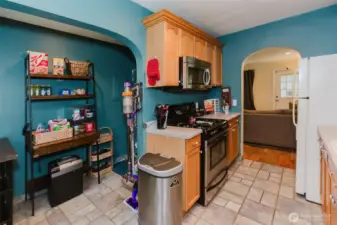 This nook can be a dining or storage area.